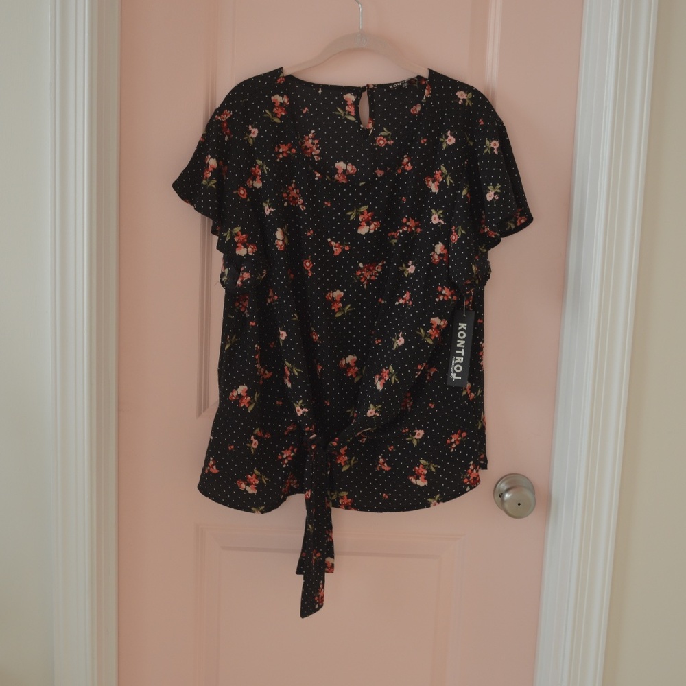 NWT! Black Polka Dot and Floral Faux Wrap Blouse